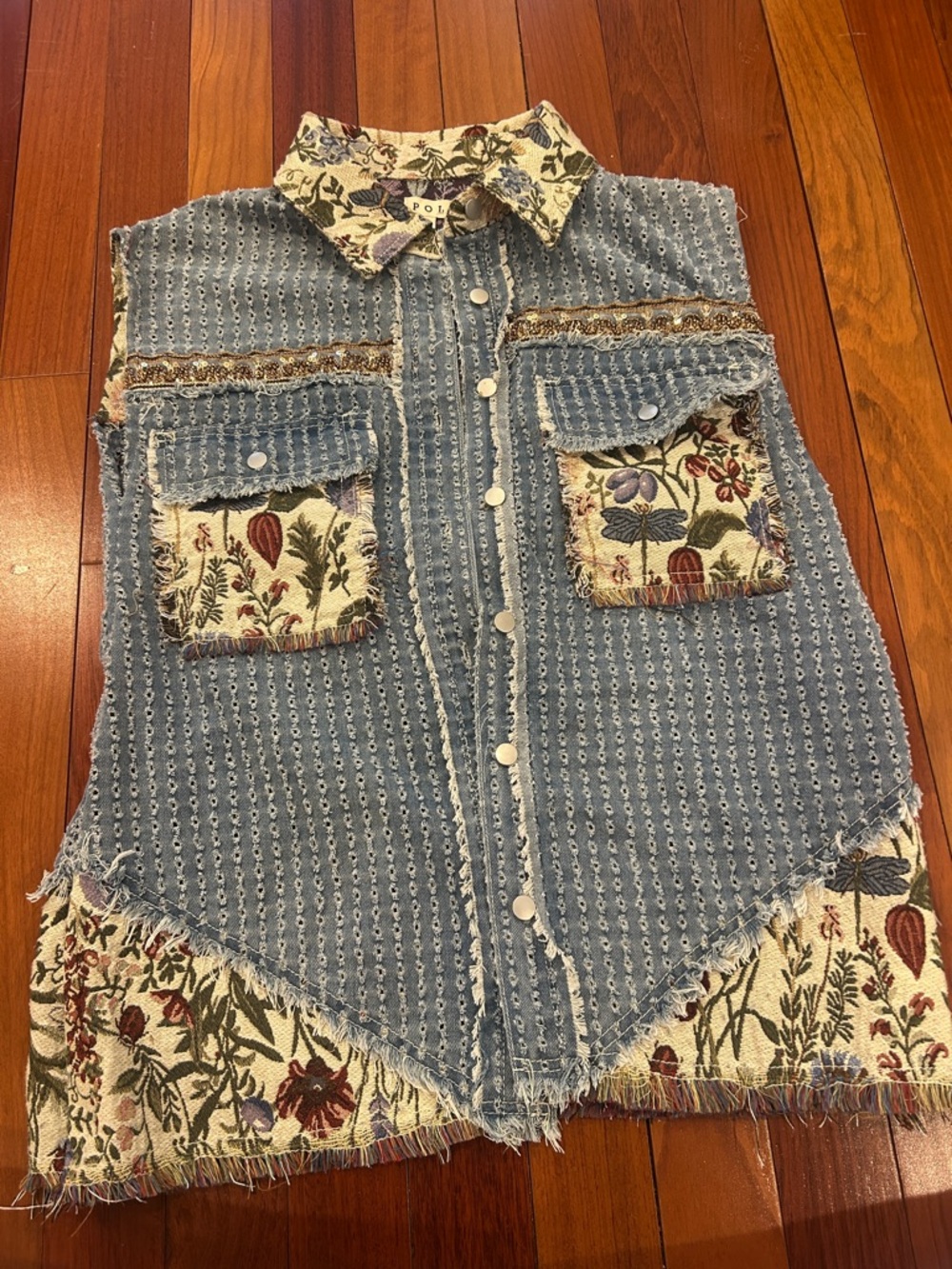 POL L Floral Jacquard Vest  sleeveless Jacket Purple &cream embroidered jewels
